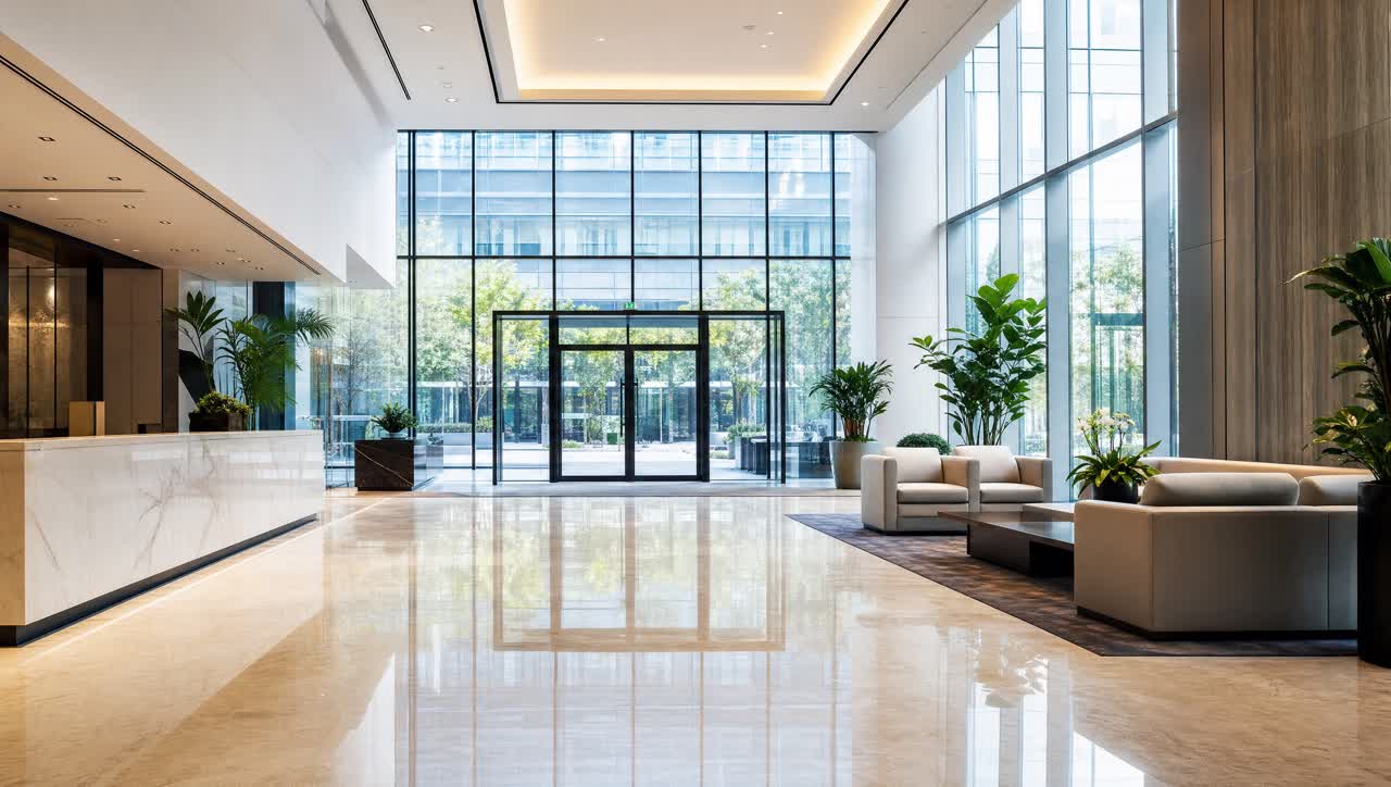 Immaculate corporate office lobby with gleaming floors after professional commercial cleaning