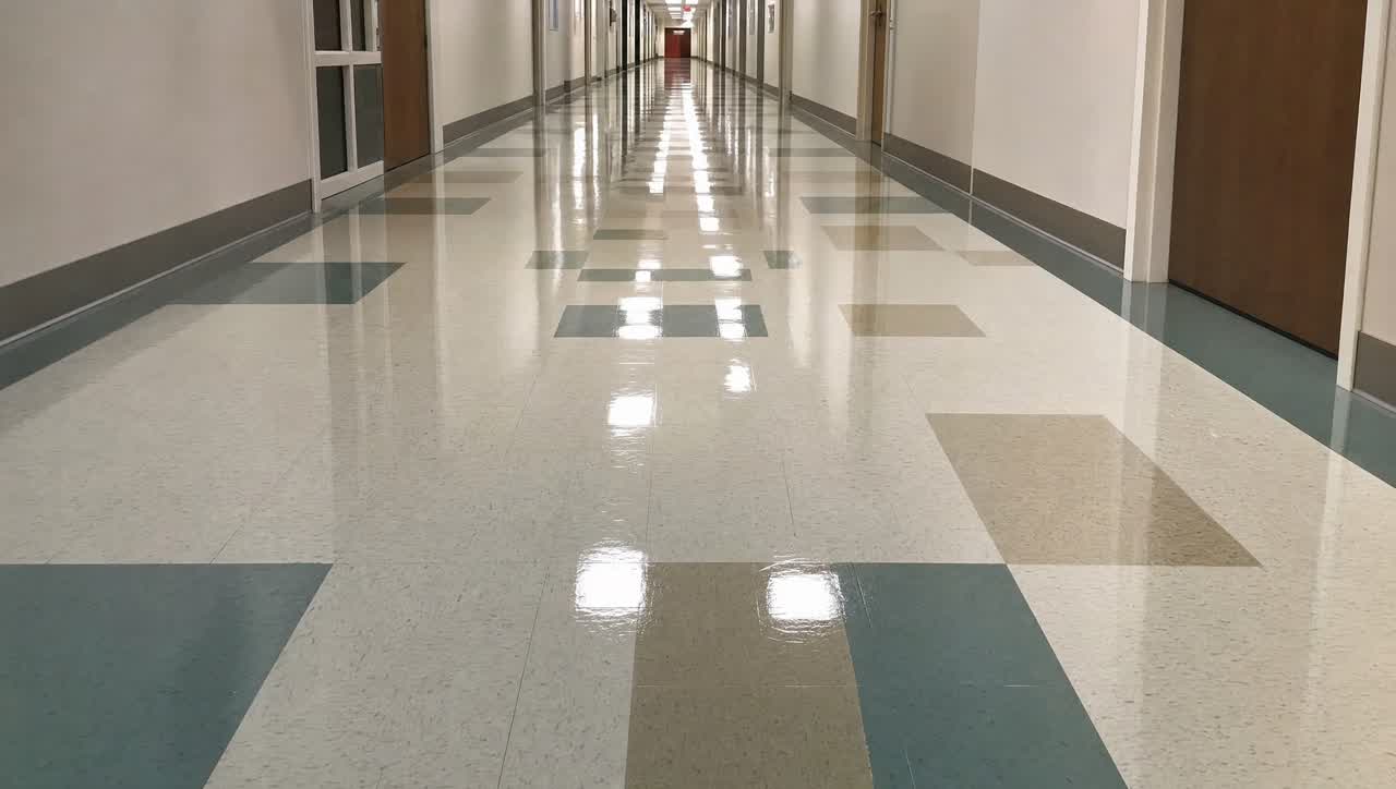 Freshly finished VCT tile floor with high-gloss wax reflecting corridor lights