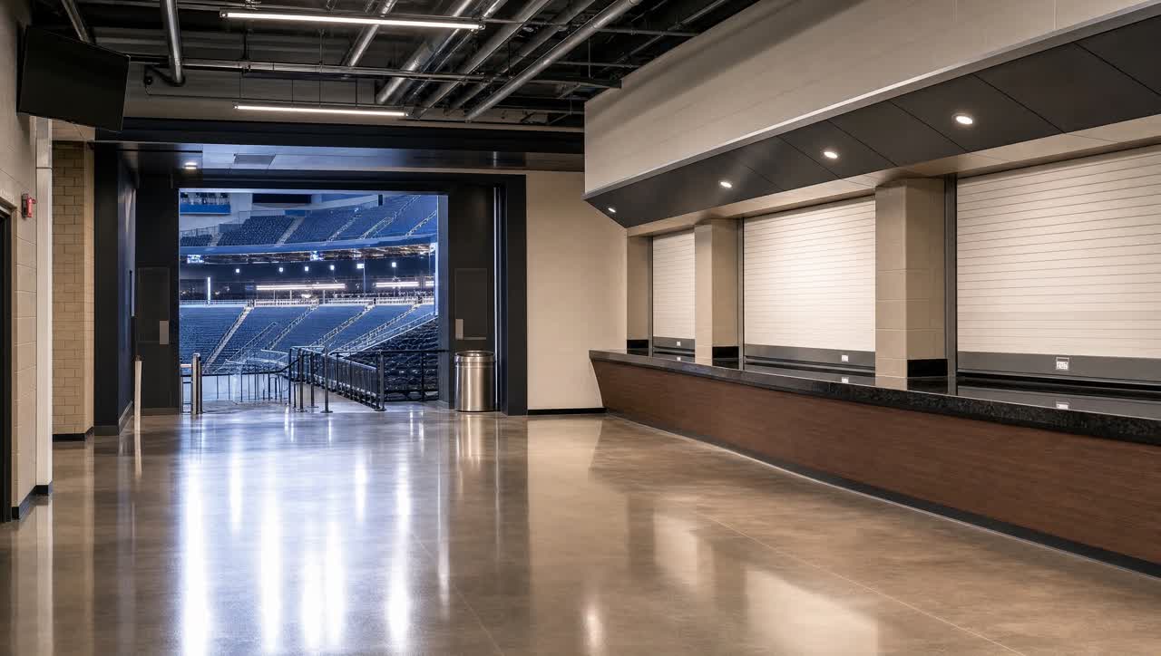 Clean sports arena concourse with gleaming floors after post-event cleaning