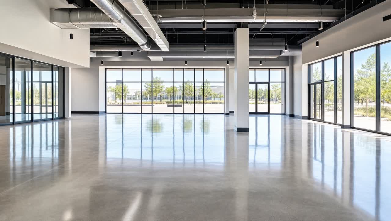 Newly built commercial space after post-construction cleaning, dust-free with spotless windows