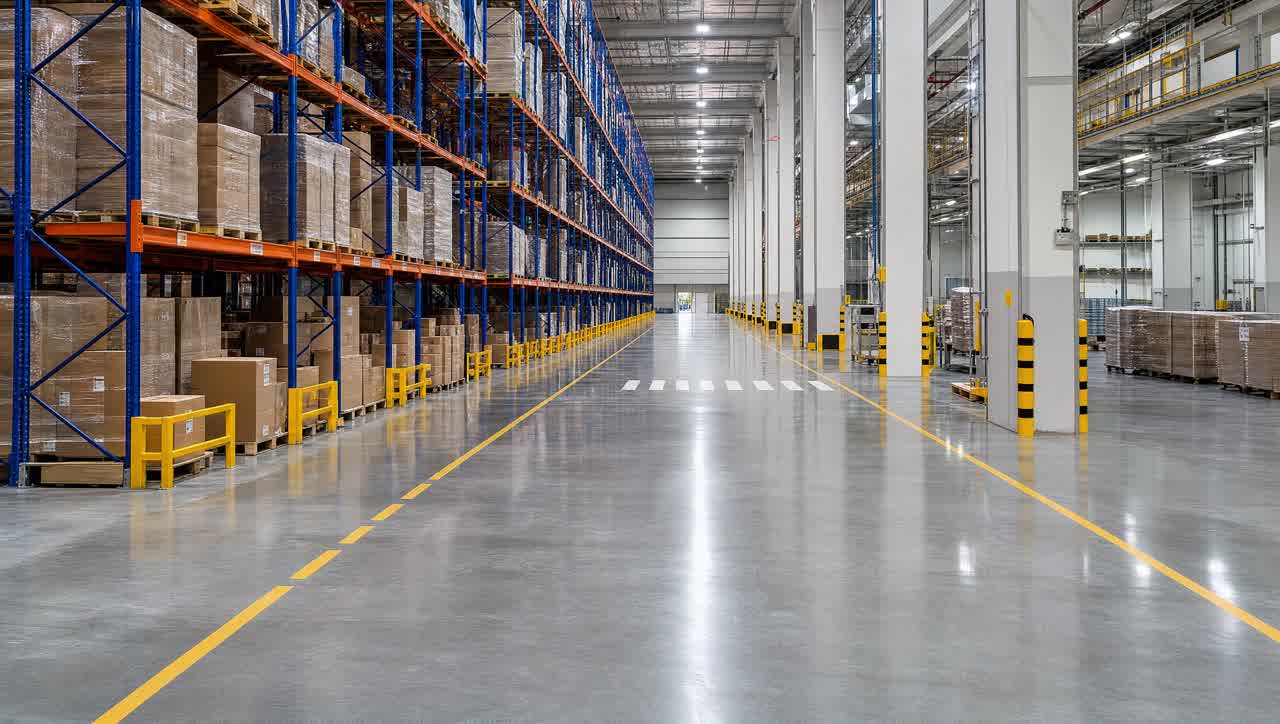 Clean industrial warehouse with storage racks and freshly burnished concrete floors