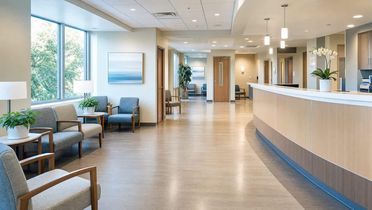 Immaculate medical clinic reception area with disinfected seating and gleaming floors